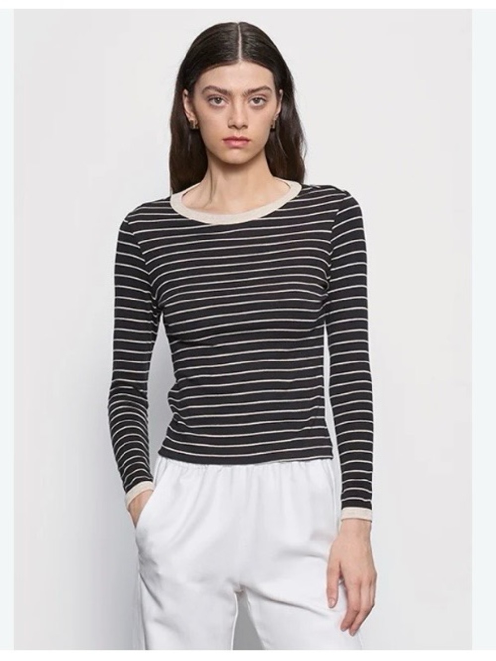 NWT Enza Costa Black & Wheat Striped Long-Sleeve Crewneck Top